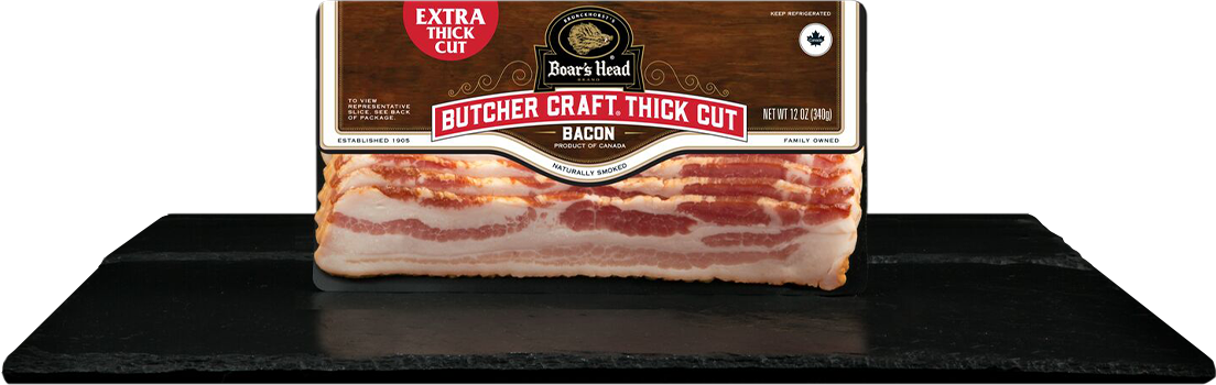 Vista del empaque de Butcher Craft® Extra Thick Cut Naturally Smoked Bacon, Product of Canada