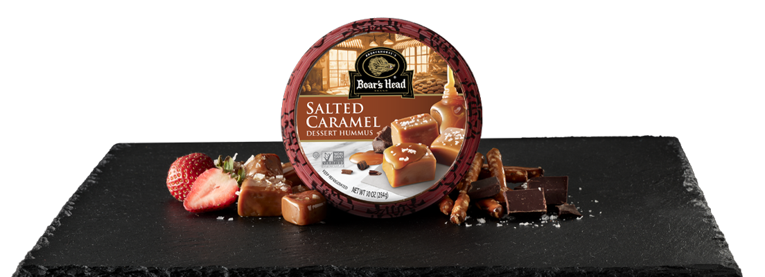 View of Salted Caramel Dessert Hummus Packaging