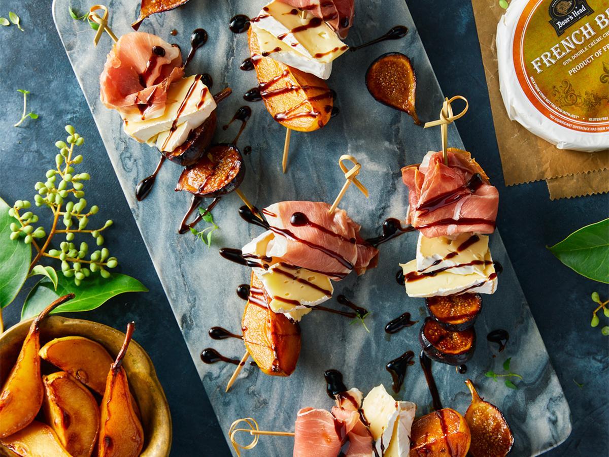 Prosciutto, French Brie & Seasonal Fruit Skewers